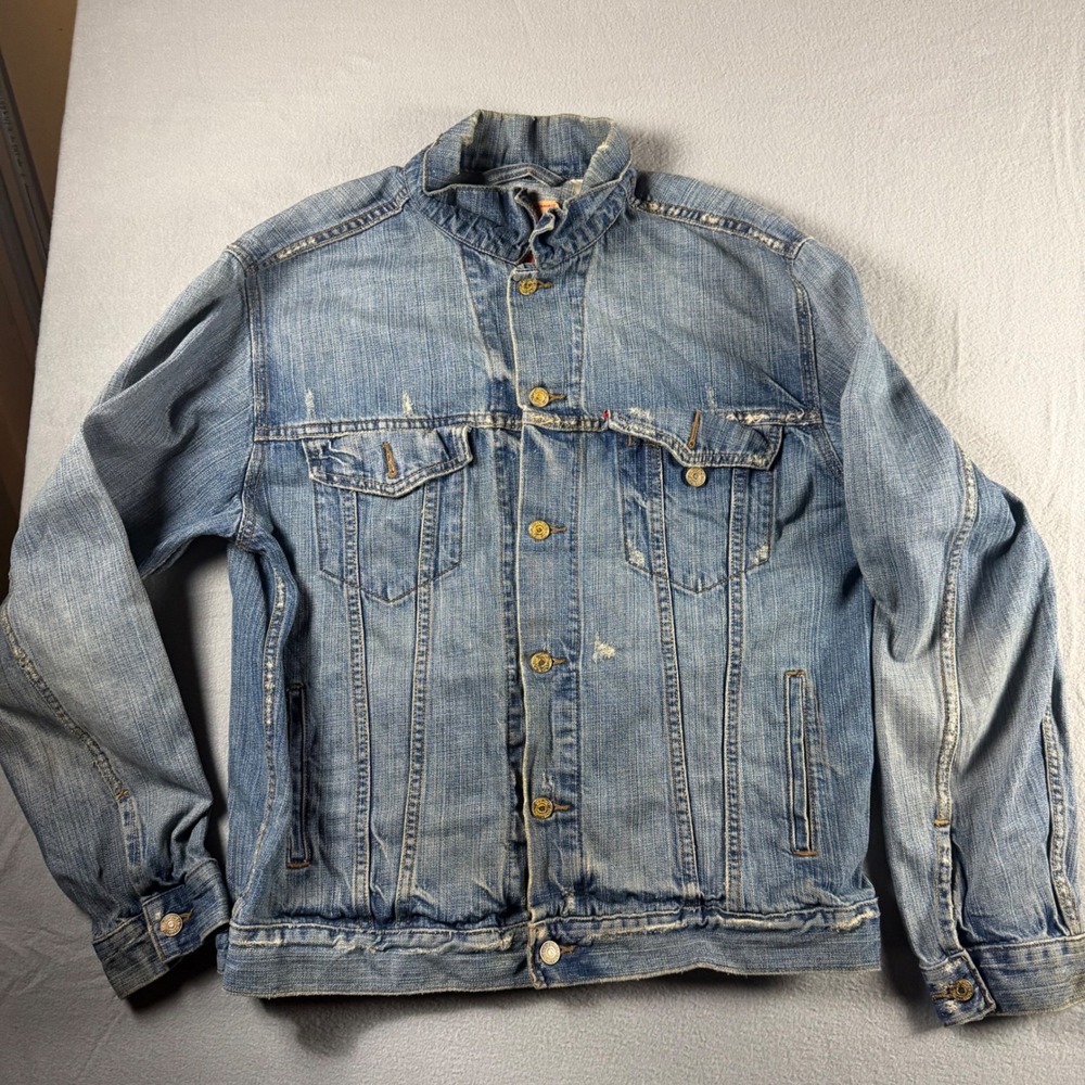 Levis 70507 Standard Trucker Denim Jacket Mens L Light Wash Blue Distressed